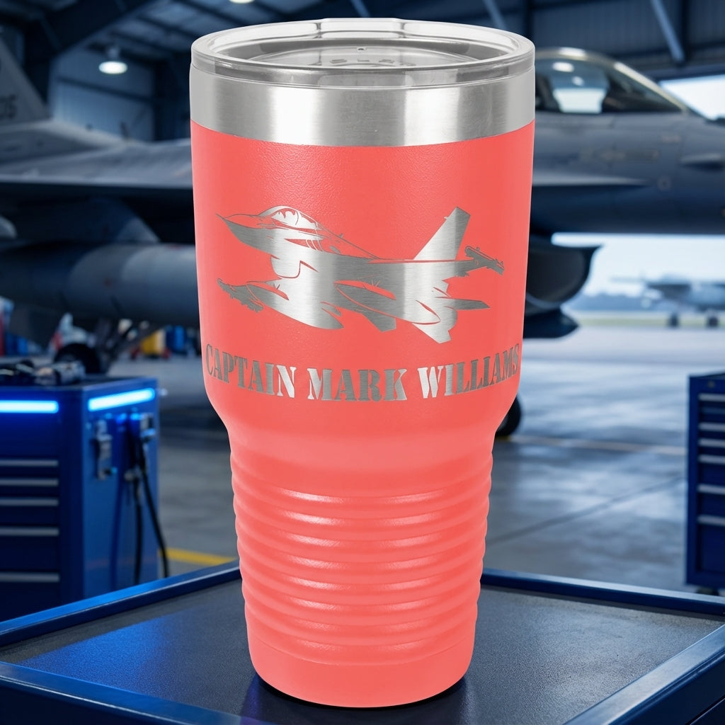 Personalized Air Force Pilot Gift Tumbler - F16 Fighter Jet Mug - Laser Engraved Military Veteran Gift - Custom Name Travel Cup - View 6