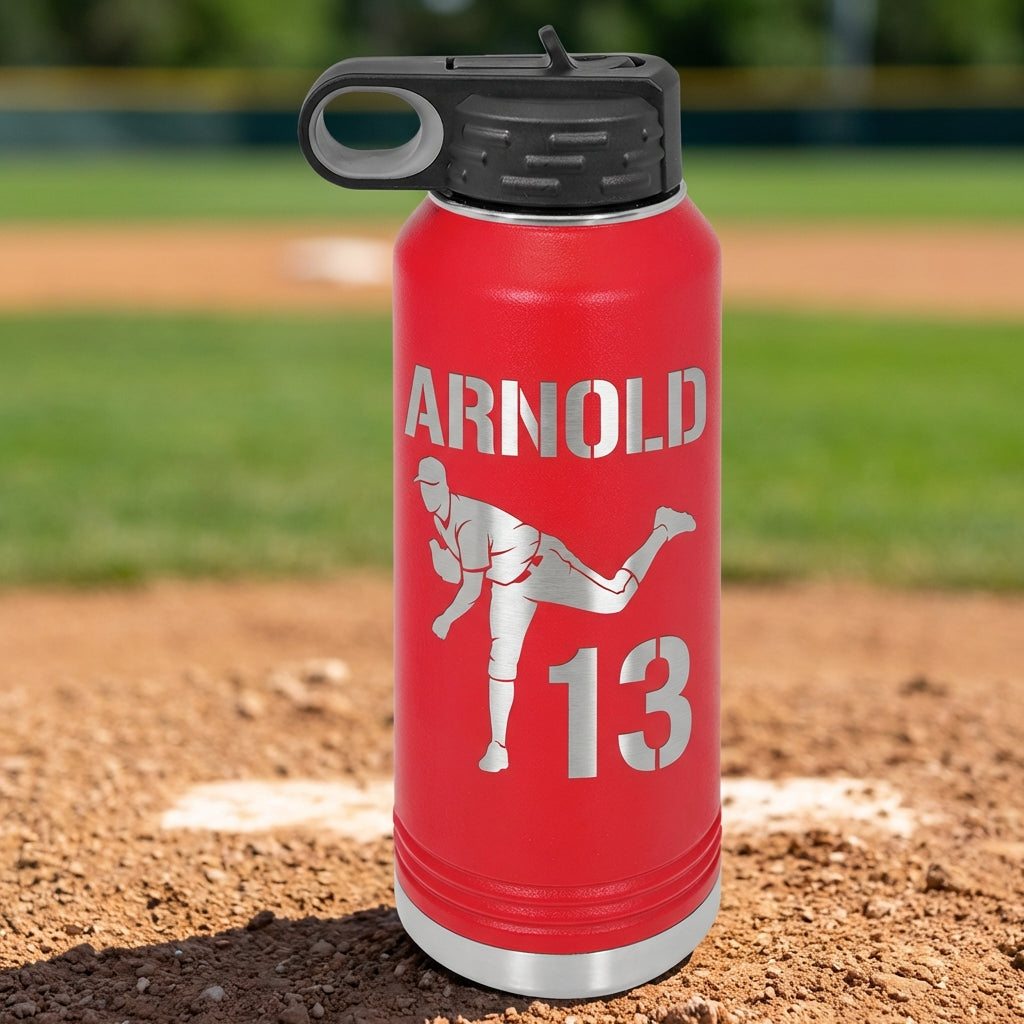 Personalized Baseball Pitcher Water Bottle - Custom Player Gift - Laser Engraved Hydration Bottle - Durable Sports Drinkware - View 2