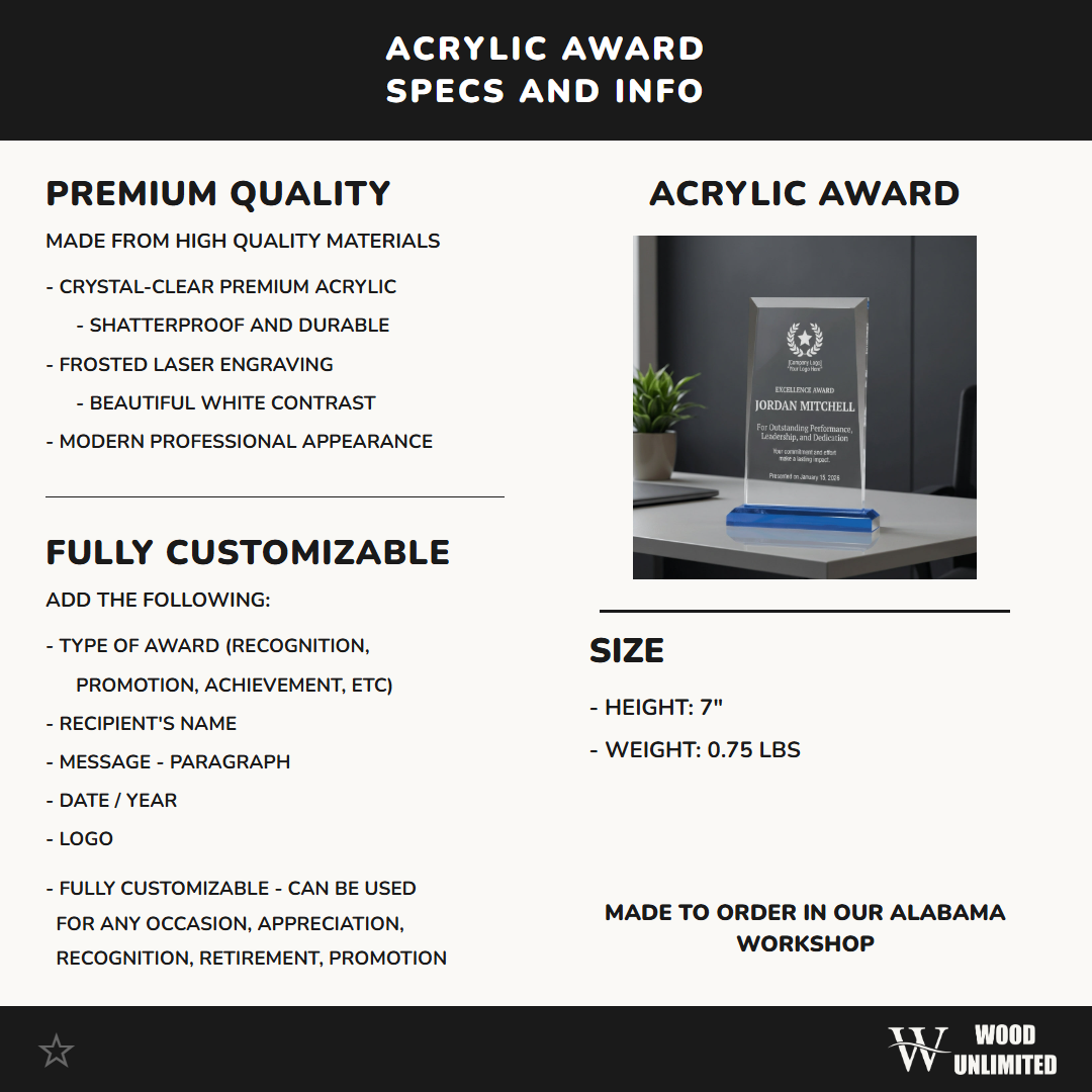 Personalized Employee Award - Recognition Gift - Laser Engraved Acrylic Plaque - Custom Name