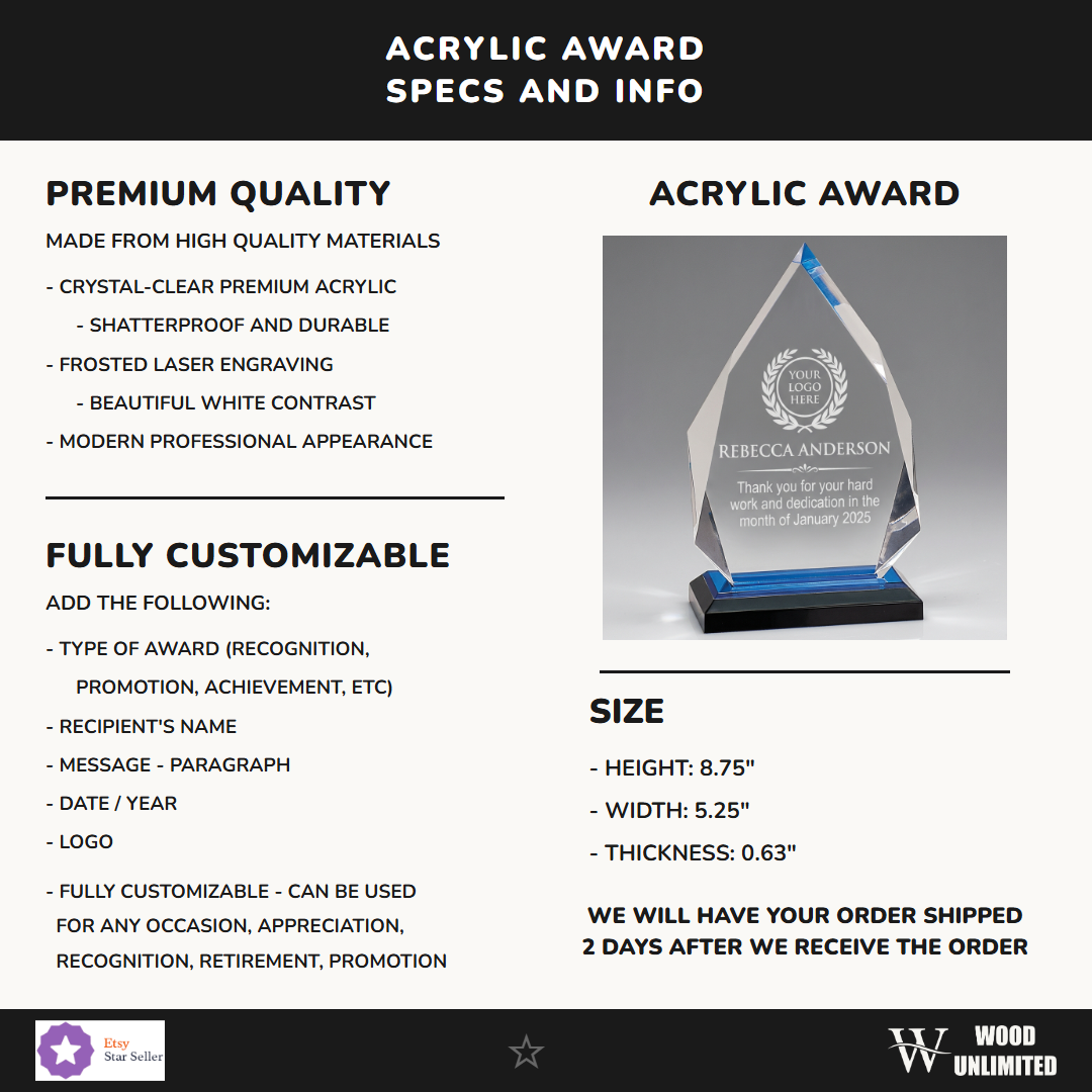 Personalized Employee Recognition Award - Custom Logo Engraved Acrylic Plaque - Corporate Appreciation Gift - Staff Milest...