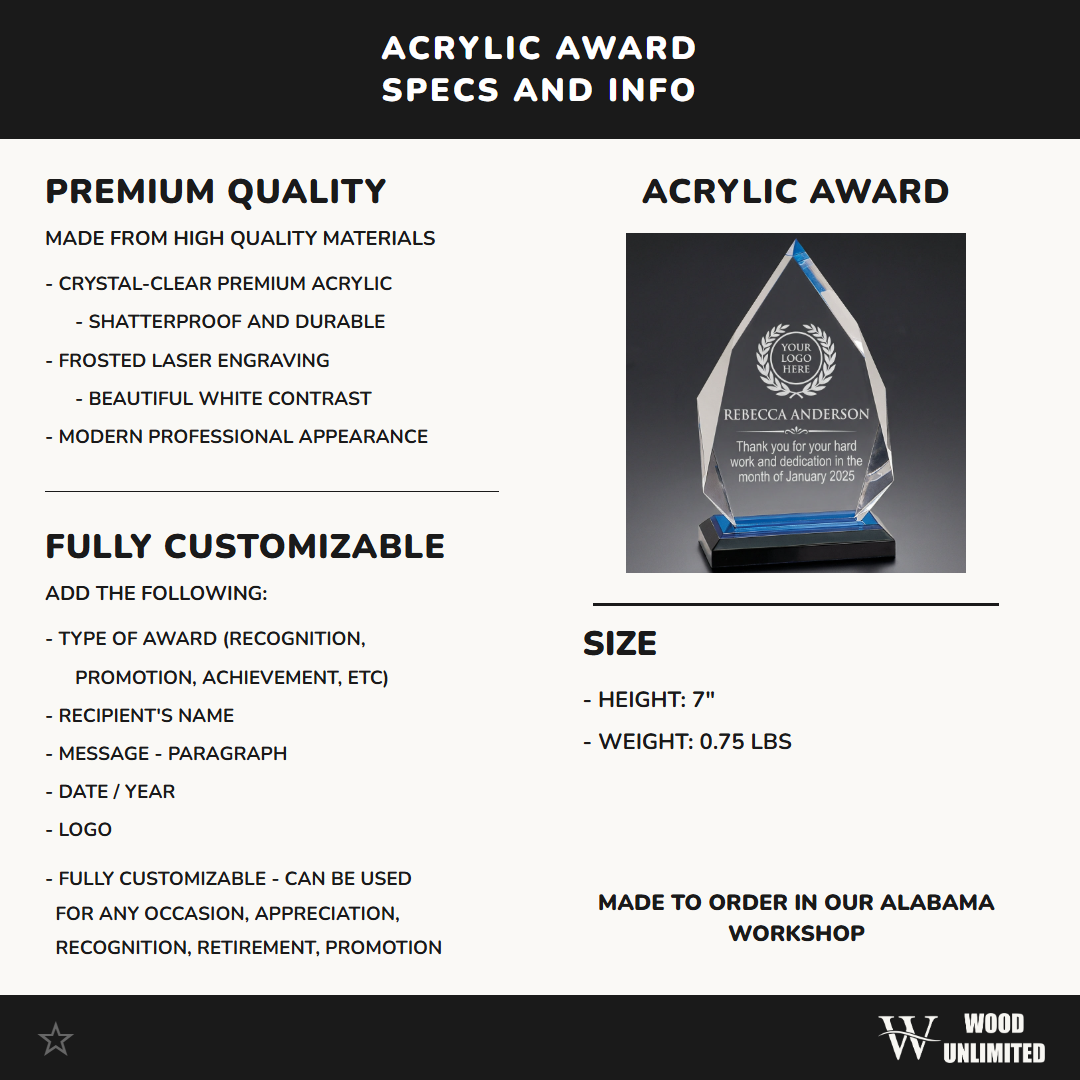 Personalized Employee Recognition Award - Custom Logo Engraved Acrylic Plaque - Corporate Appreciation Gift - Staff Milestone