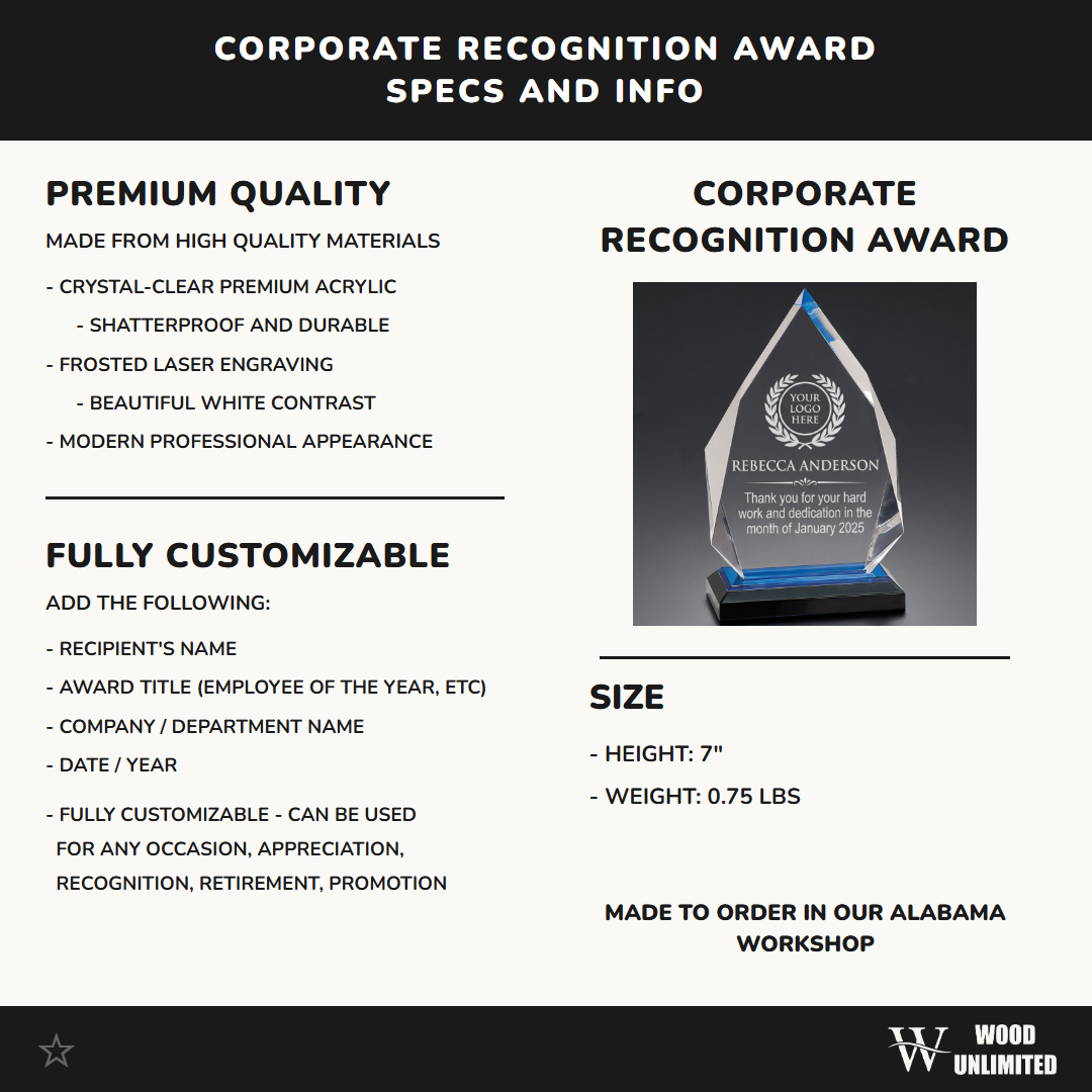 Personalized Employee Recognition Award - Custom Logo Engraved Acrylic Plaque - Corporate Appreciation Gift - Staff Milestone