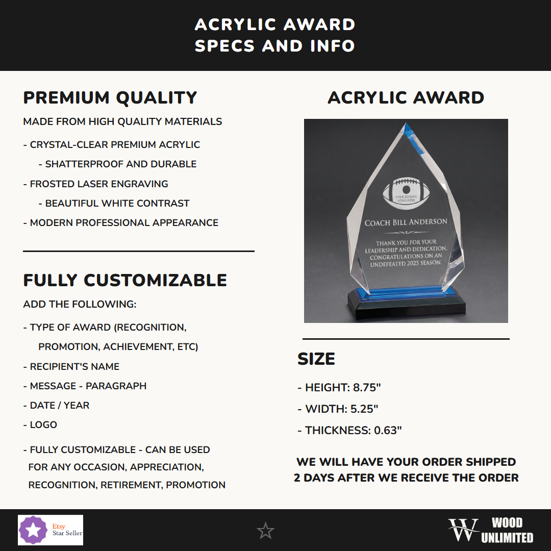 Personalized Football Coach Gift - Laser Engraved Acrylic Award - Team Recognition - End of Season Thank You - Custom Name...