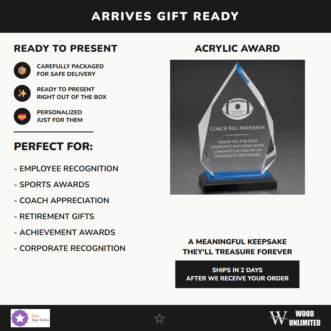 Personalized Football Coach Gift - Laser Engraved Acrylic Award - Team Recognition - End of Season Thank You - Custom Name...