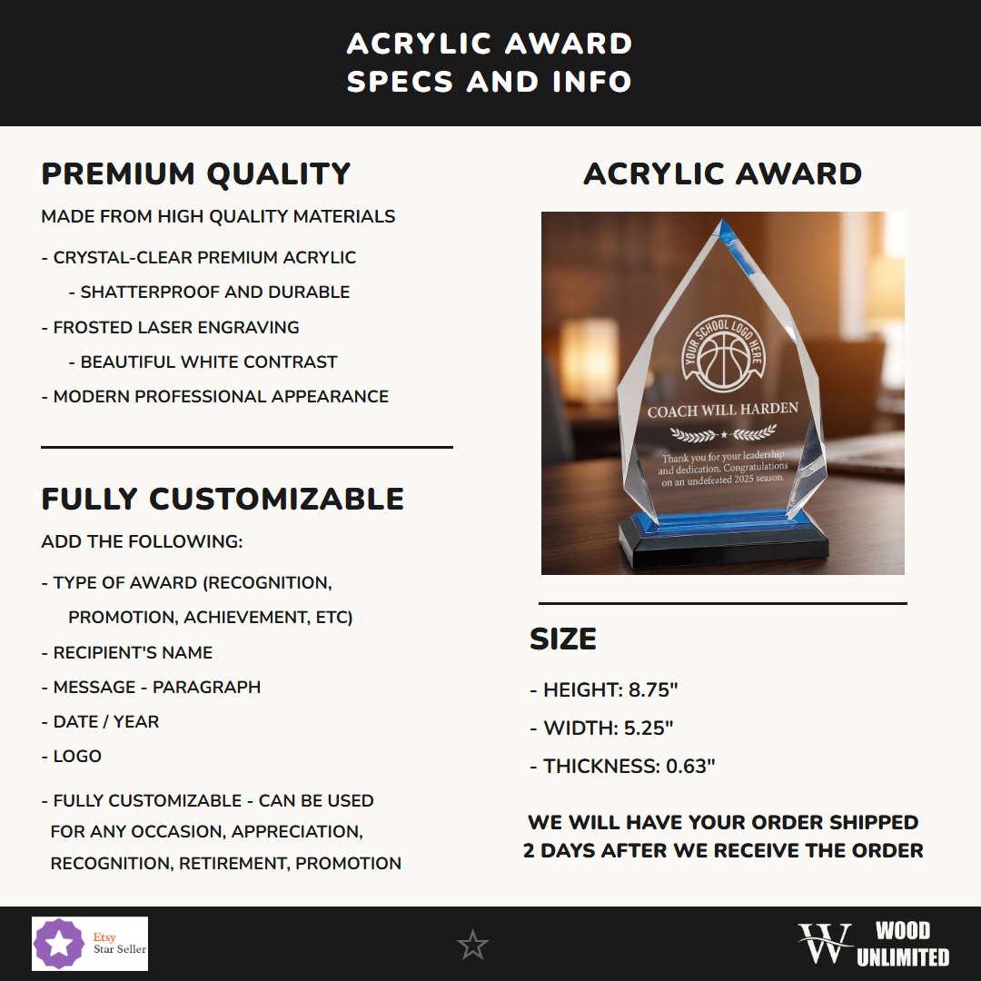 Personalized Basketball Coach Gift Acrylic Award - Team Recognition End of Season - Laser Engraved Durable - Custom Name -...