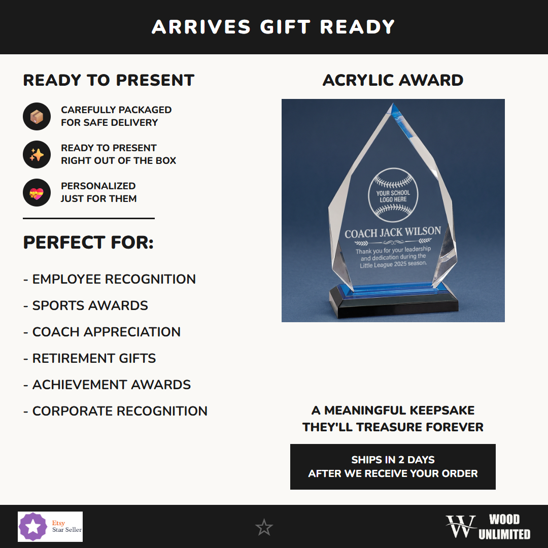 Personalized Baseball Coach Gift Laser Engraved Acrylic Award - Little League Thank You - Custom Team Logo & Name - Durabl...