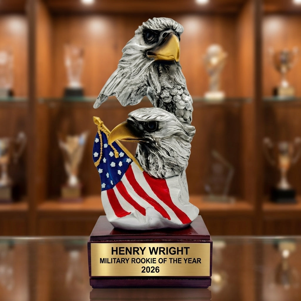 Personalized 9.25-inch trophy award with custom laser-engraved gold nameplate on weighted base for awards and recognition