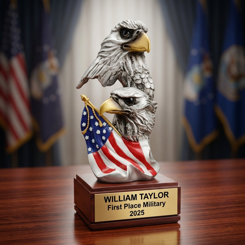 Trophy award specifications showing 9.25-inch height, gold finish, resin construction, and personalization options