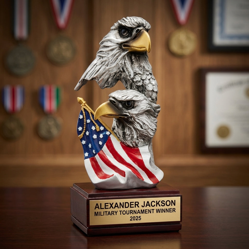 Trophy award banquet display with multiple personalized awards featuring custom laser engraving