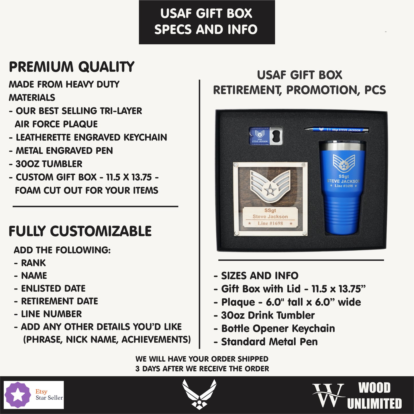 Air Force Promotion Gift Set – Personalized USAF Plaque + 30oz Tumbler, Engraved Pen & Keychain, Custom Gift Box