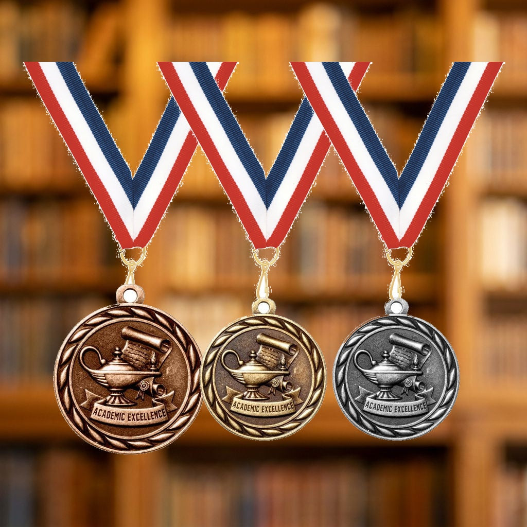 Personalized Academic Excellence Medals with Neck Ribbon - Gold Silver Bronze - Custom Engraved