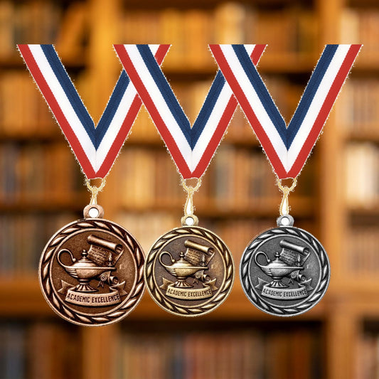 Personalized Academic Excellence Medals with Neck Ribbon — personalized laser engraved medals from Wood Unlimited, made to order in Alabama