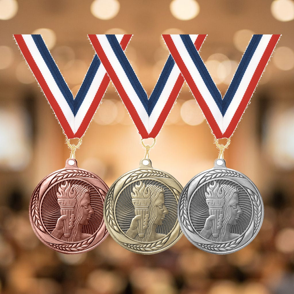 Personalized Achievement Medals with Neck Ribbon - Gold Silver Bronze - Custom Engraved