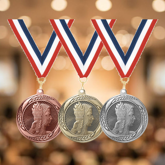 Personalized Achievement Medals with Neck Ribbon — personalized laser engraved medals from Wood Unlimited, made to order in Alabama