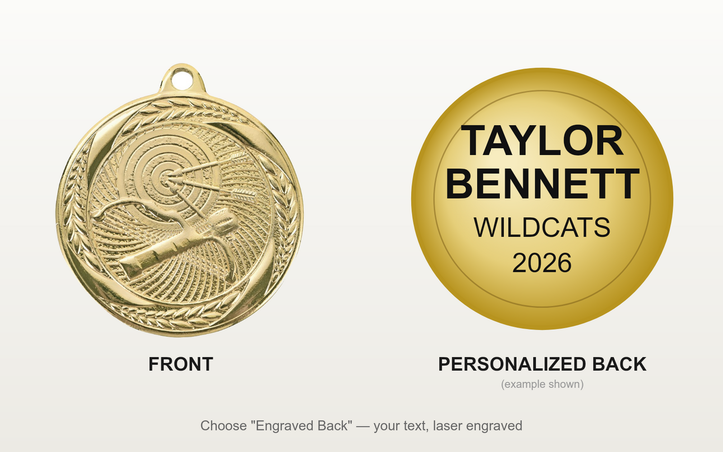 Personalized Archery Medals with Neck Ribbon - Gold Silver Bronze - Custom Engraved