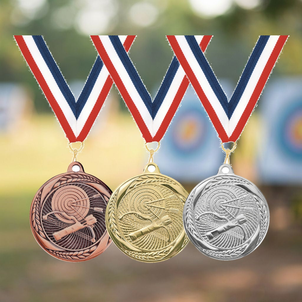 Personalized Archery Medals with Neck Ribbon - Gold Silver Bronze - Custom Engraved