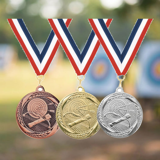 Personalized Archery Medals with Neck Ribbon — personalized laser engraved medals from Wood Unlimited, made to order in Alabama