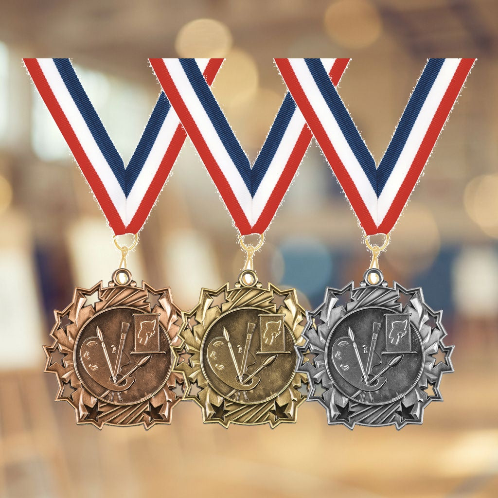 Personalized Art Medals with Neck Ribbon - Gold Silver Bronze - Custom Engraved