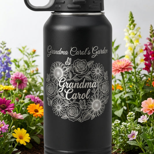 Personalized Floral Garden Water Bottle Gift for Grandma - Custom Name Insulated Laser Engraved Tumbler - Mother's Day Birthday - View 1