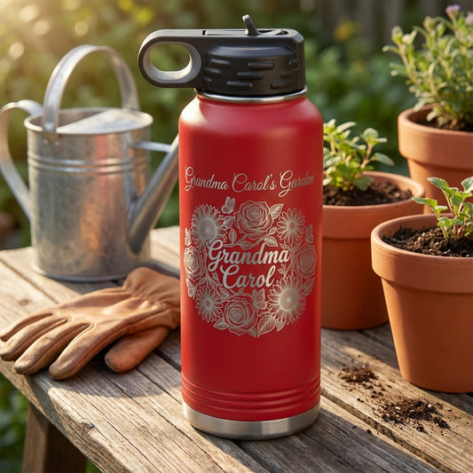Personalized Floral Garden Water Bottle Gift for Grandma - Custom Name Insulated Laser Engraved Tumbler - Mother's Day Birthday - View 2
