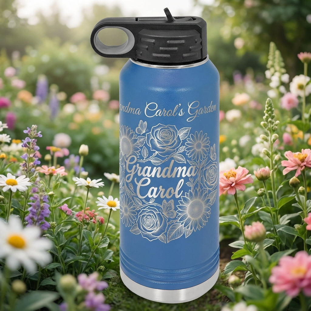 Personalized Floral Garden Water Bottle Gift for Grandma - Custom Name Insulated Laser Engraved Tumbler - Mother's Day Birthday - View 3