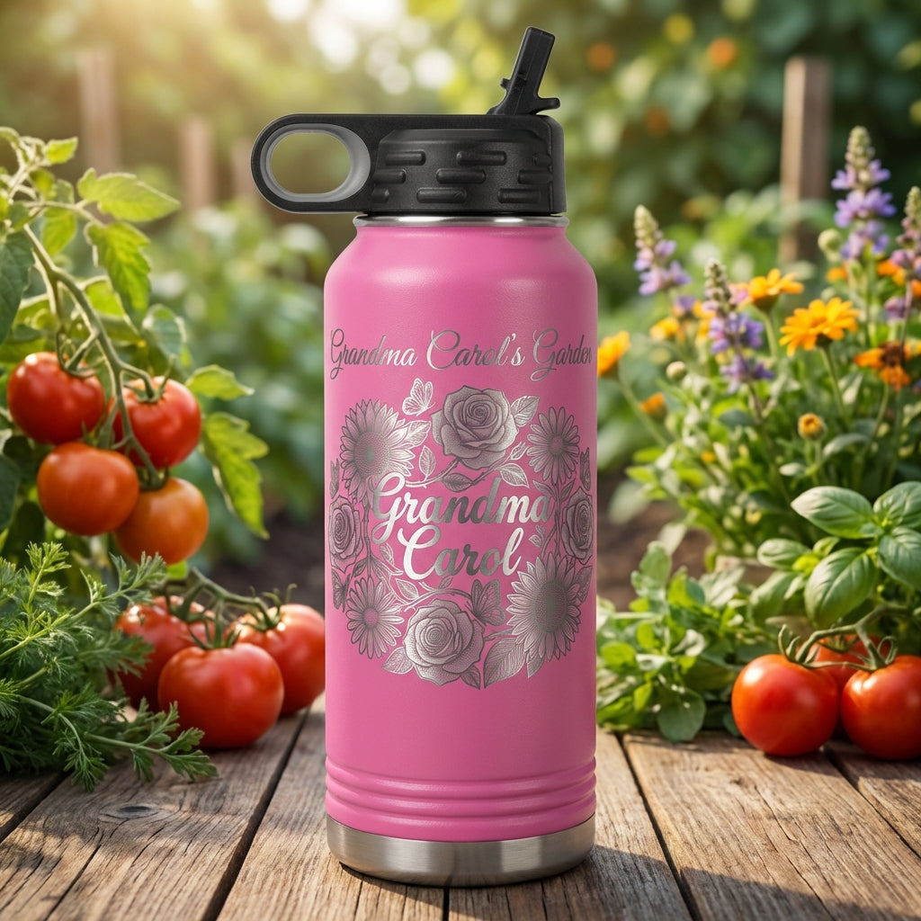Personalized Floral Garden Water Bottle Gift for Grandma - Custom Name Insulated Laser Engraved Tumbler - Mother's Day Birthday - View 4