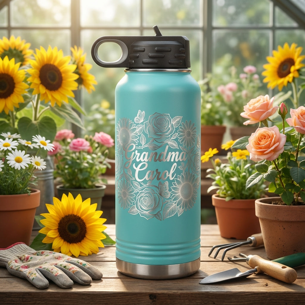 Personalized Floral Garden Water Bottle Gift for Grandma - Custom Name Insulated Laser Engraved Tumbler - Mother's Day Birthday - View 5