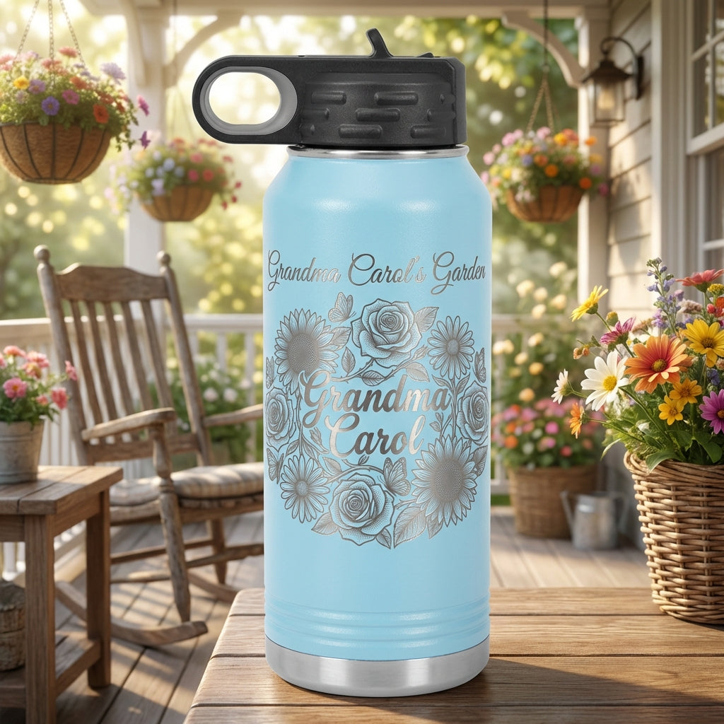 Personalized Floral Garden Water Bottle Gift for Grandma - Custom Name Insulated Laser Engraved Tumbler - Mother's Day Birthday - View 6