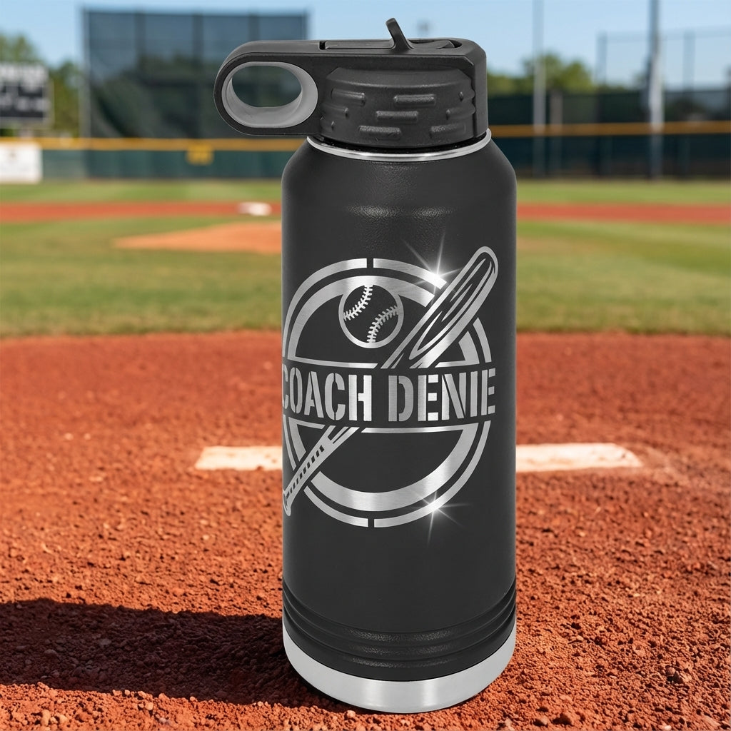 Coach Denie Baseball Water Bottle 32oz - Personalized Coach Gift - Laser Engraved Stainless Steel Hy