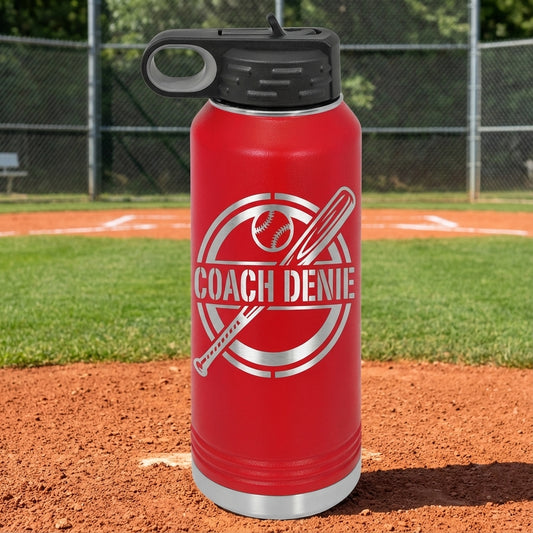 Coach Denie Baseball Water Bottle 32oz - Personalized Coach Gift - Laser Engraved Stainless Steel Hy - alternate view