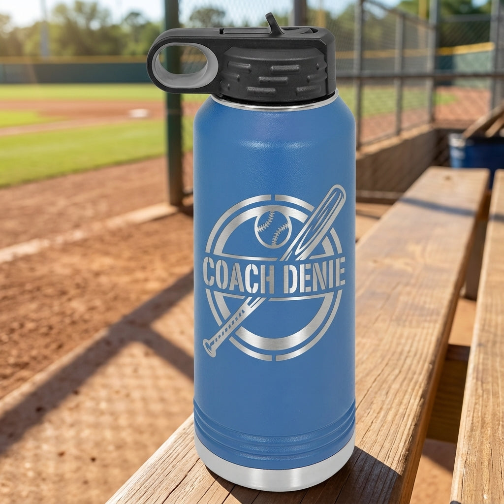 Coach Denie Baseball Water Bottle 32oz - Personalized Coach Gift - Laser Engraved Stainless Steel Hy - detail view
