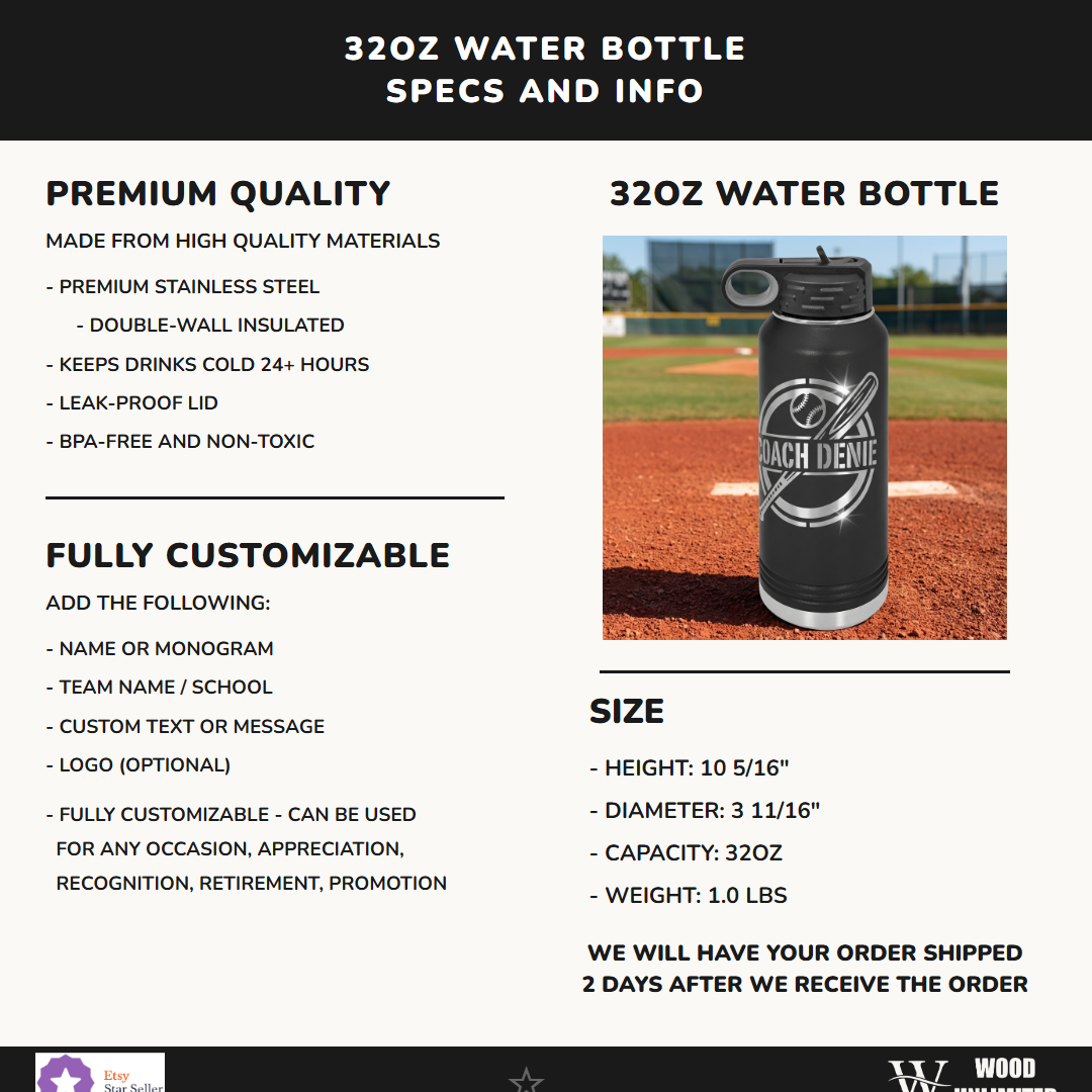 Coach Denie Baseball Water Bottle 32oz - Personalized Coach Gift - Laser Engraved Stainless Steel Hy - size comparison