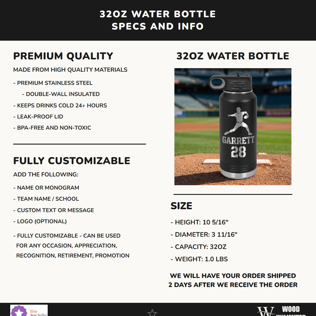 Personalized Baseball Player Water Bottle Gift - Custom Laser Engraved Pitcher Hydration Bottle - Team Coach Thank You End of Season Gift