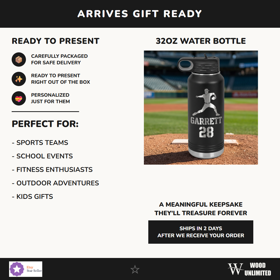 Personalized Baseball Player Water Bottle Gift - Custom Laser Engraved Pitcher Hydration Bottle - Team Coach Thank You End of Season Gift