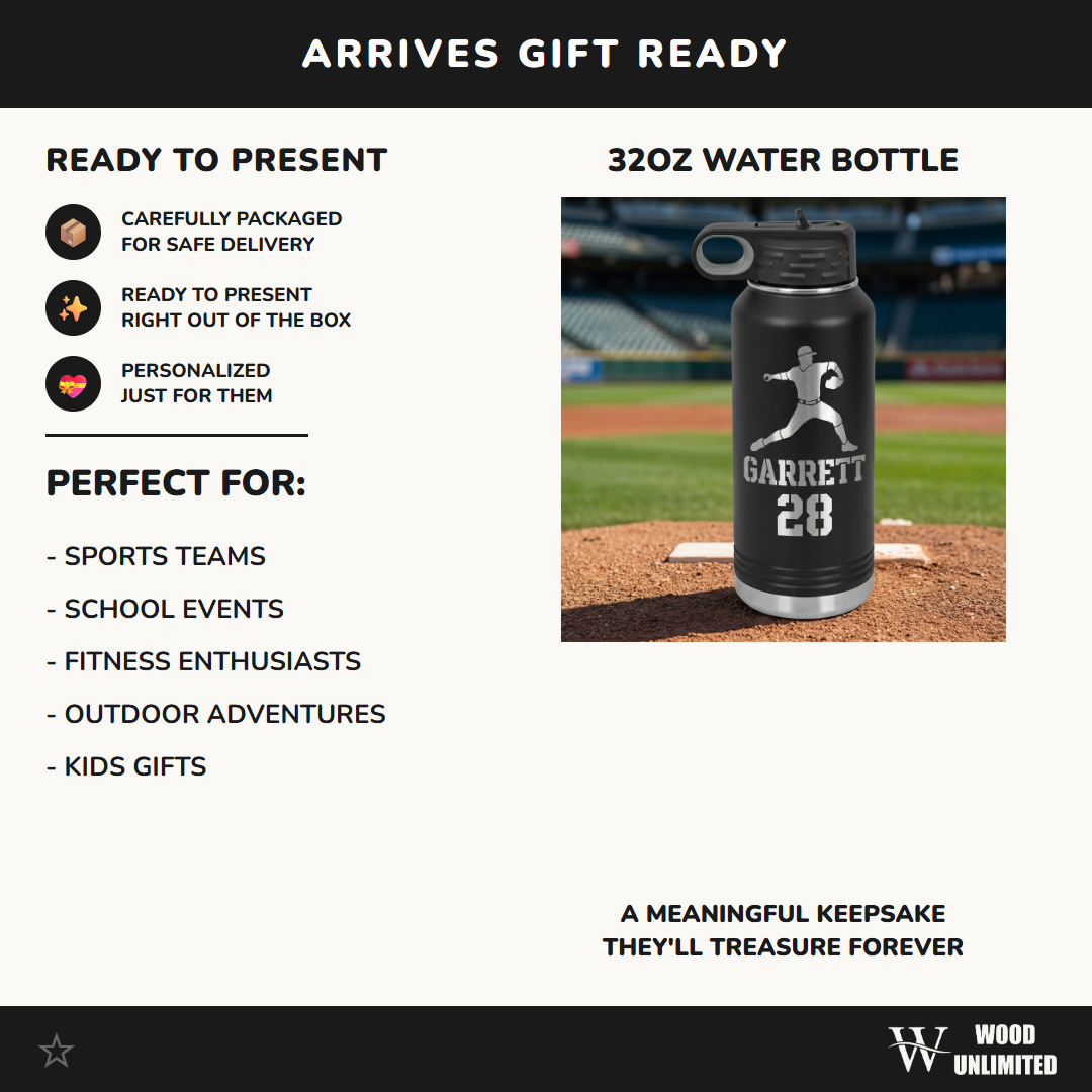 Personalized Baseball Player Water Bottle Gift - Custom Laser Engraved Pitcher Hydration Bottle - Team Coach Thank You End of Season Gift