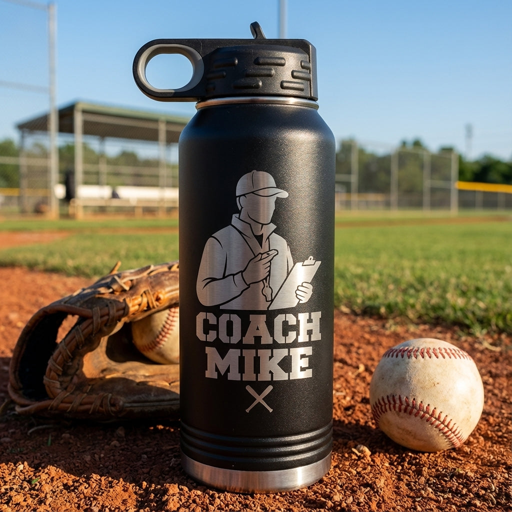 Baseball Coach Mike 32oz Water Bottle - Laser Engraved Coach Gift - Stainless Steel Insulated - Perm