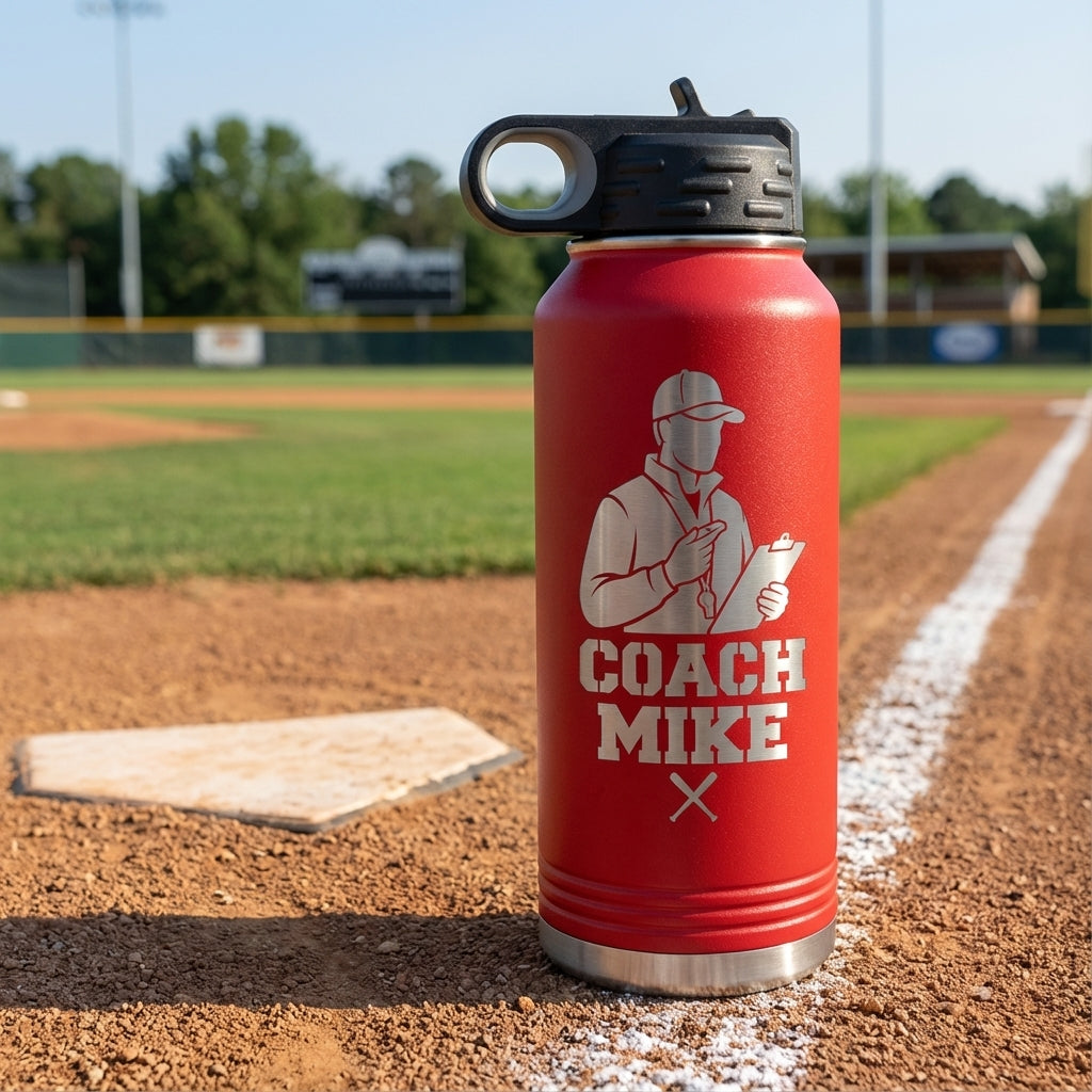 Baseball Coach Mike 32oz Water Bottle - Laser Engraved Coach Gift - Stainless Steel Insulated - Perm - alternate view