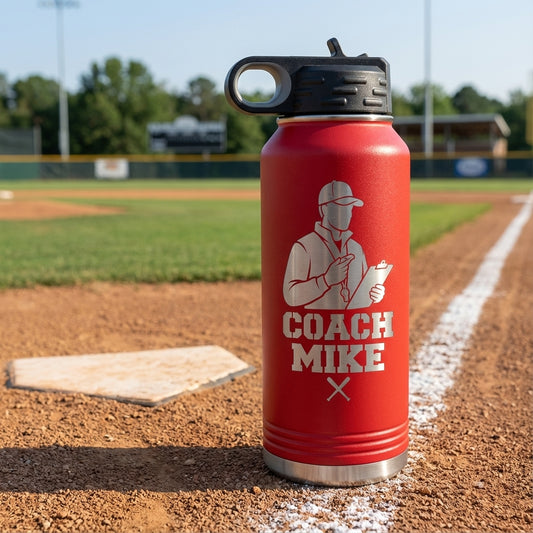 Baseball Coach Mike 32oz Water Bottle - Laser Engraved Coach Gift - Stainless Steel Insulated - Perm - alternate view