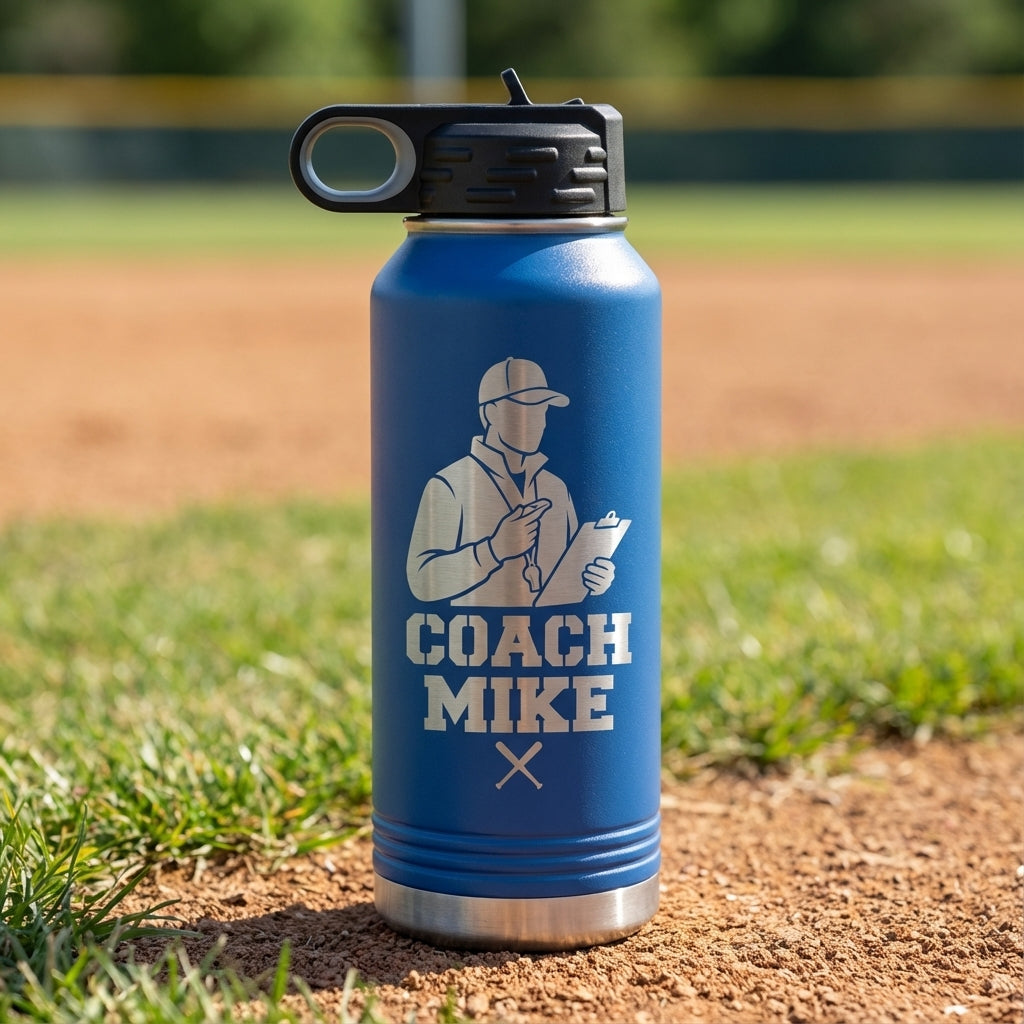 Baseball Coach Mike 32oz Water Bottle - Laser Engraved Coach Gift - Stainless Steel Insulated - Perm - detail view