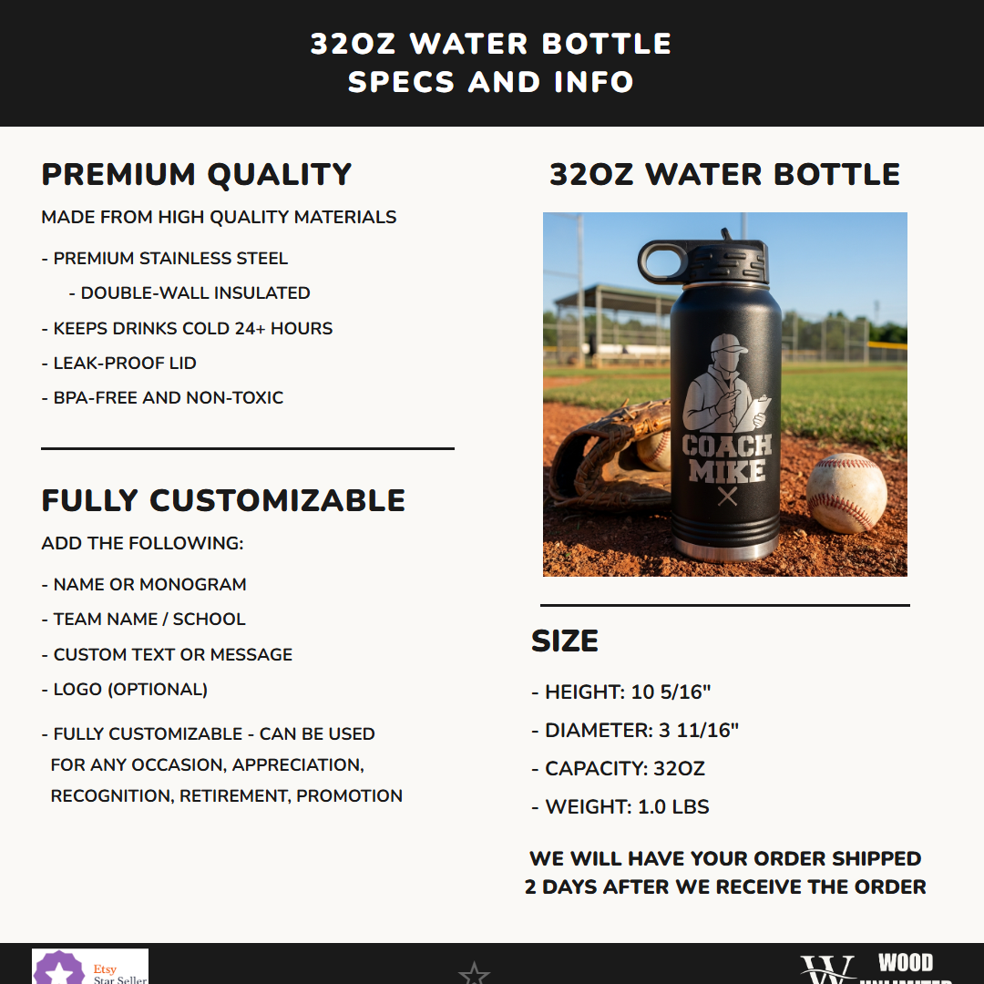 Baseball Coach Mike 32oz Water Bottle - Laser Engraved Coach Gift - Stainless Steel Insulated - Perm - lifestyle photo