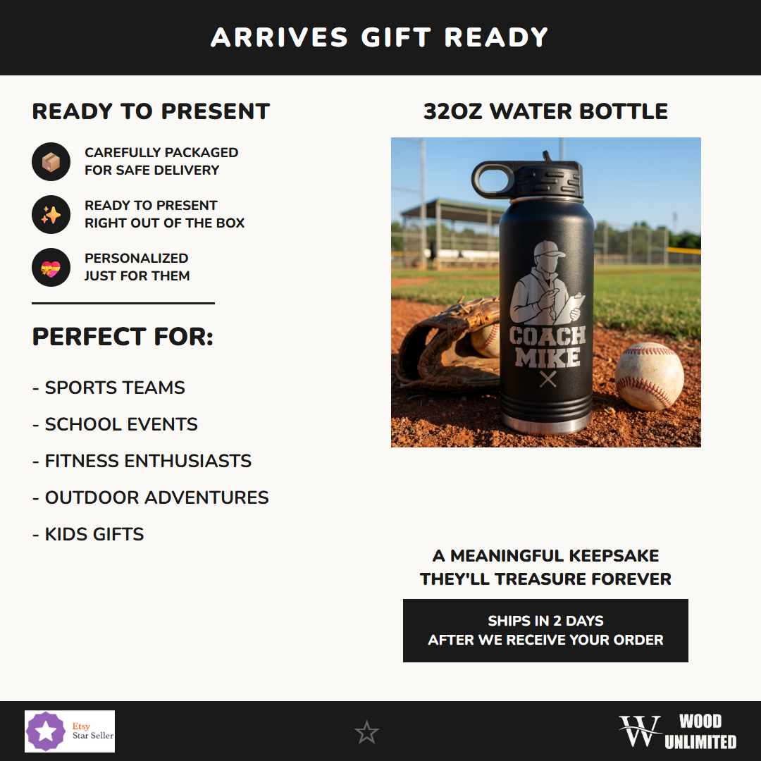 Baseball Coach Mike 32oz Water Bottle - Laser Engraved Coach Gift - Stainless Steel Insulated - Perm - packaging
