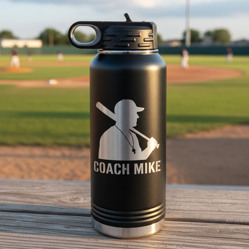 Coach Mike Baseball Coach Water Bottle - Personalized Team Gift - Laser Engraved Stainless Steel - 3