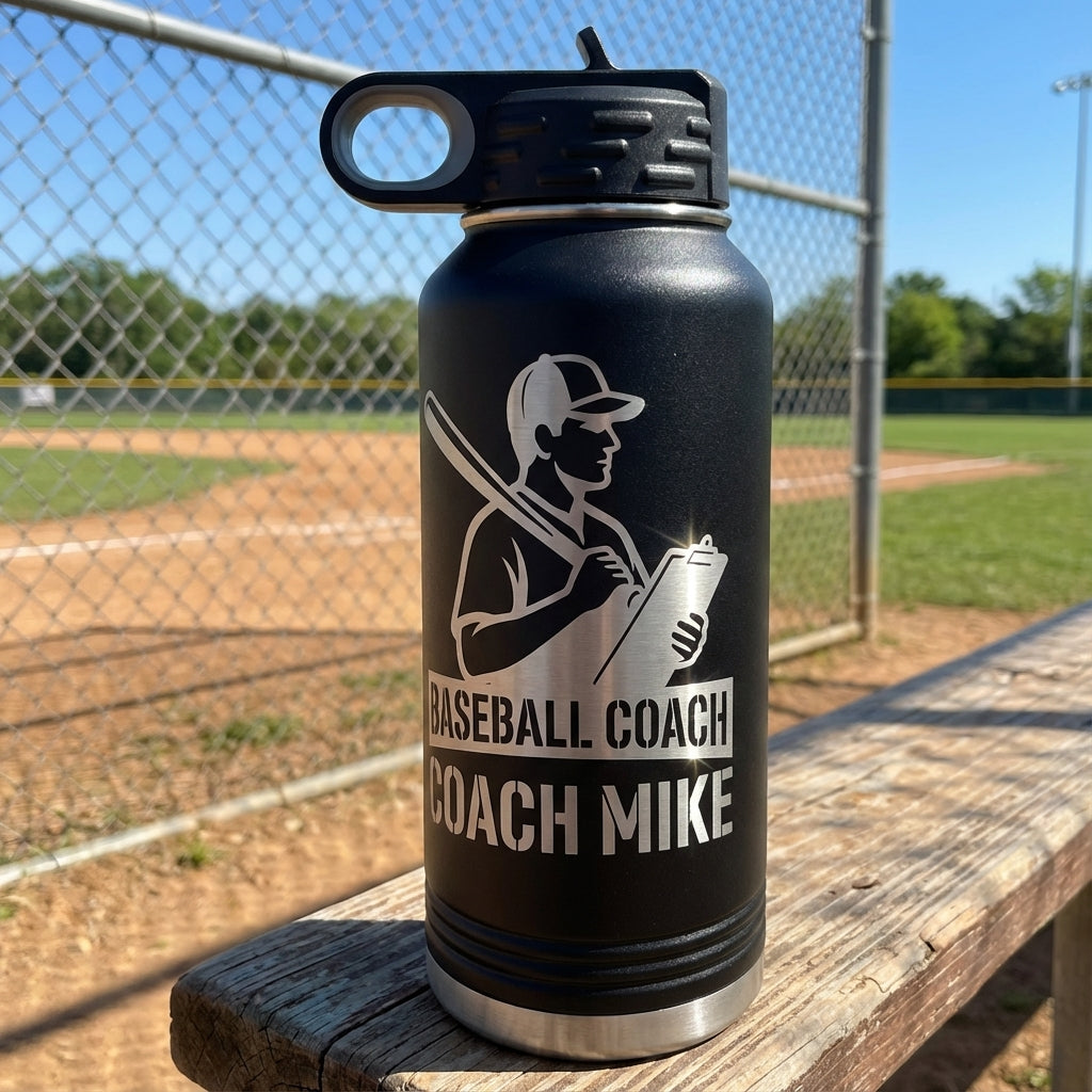 Baseball Coach Mike 32oz Water Bottle - Gift for Coach, Thank You - Laser Engraved Stainless Steel D