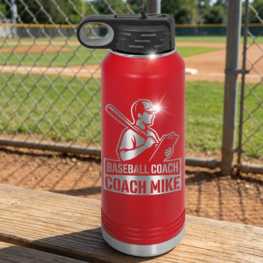 Baseball Coach Mike 32oz Water Bottle - Gift for Coach, Thank You - Laser Engraved Stainless Steel D - alternate view
