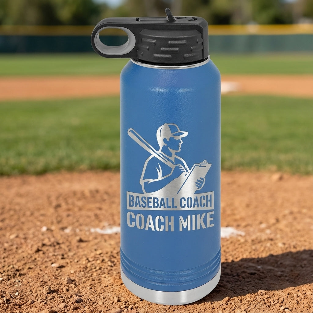 Baseball Coach Mike 32oz Water Bottle - Gift for Coach, Thank You - Laser Engraved Stainless Steel D - detail view