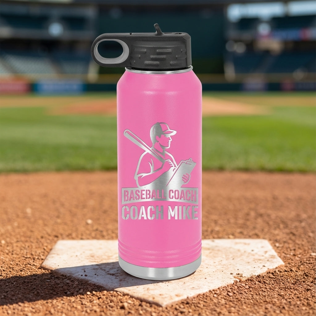 Baseball Coach Mike 32oz Water Bottle - Gift for Coach, Thank You - Laser Engraved Stainless Steel D - lifestyle photo