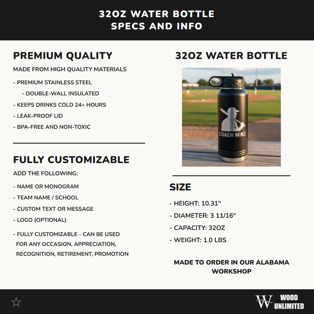Coach Mike Baseball Coach Water Bottle - Personalized Team Gift - Laser Engraved Stainless Steel - 32oz Hydration