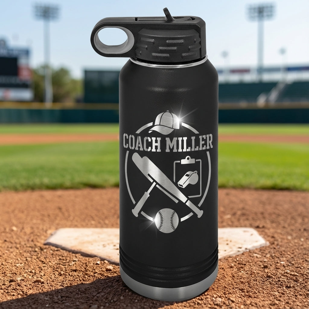 Personalized Baseball Coach Gift Water Bottle - End of Season - Laser Engraved - Custom Name