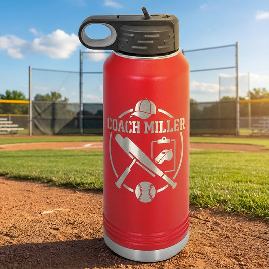 Personalized Baseball Coach Gift Water Bottle - End of Season - Laser Engraved - Custom Name