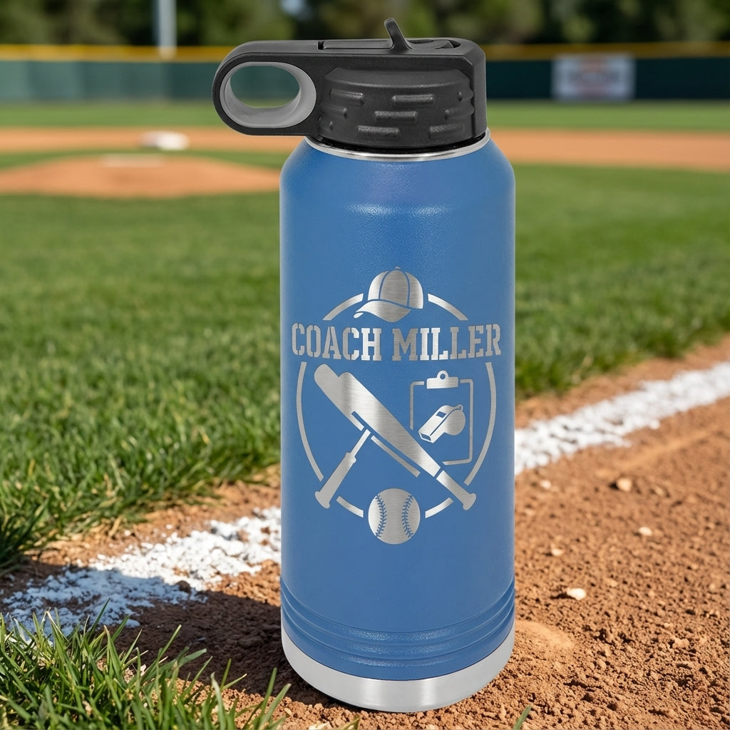 Personalized Baseball Coach Gift Water Bottle - End of Season - Laser Engraved - Custom Name